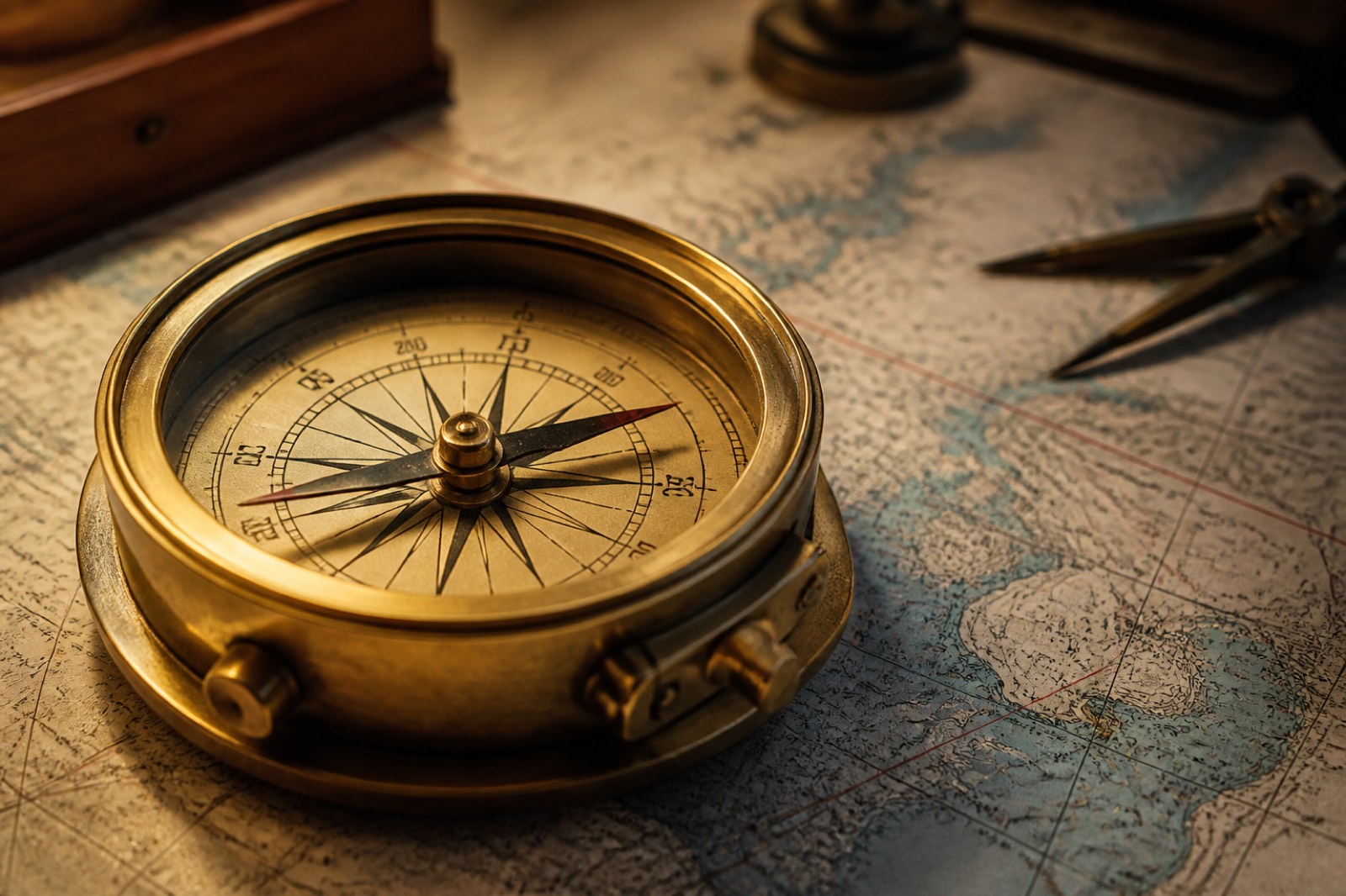 Brass compass on a nautical chart