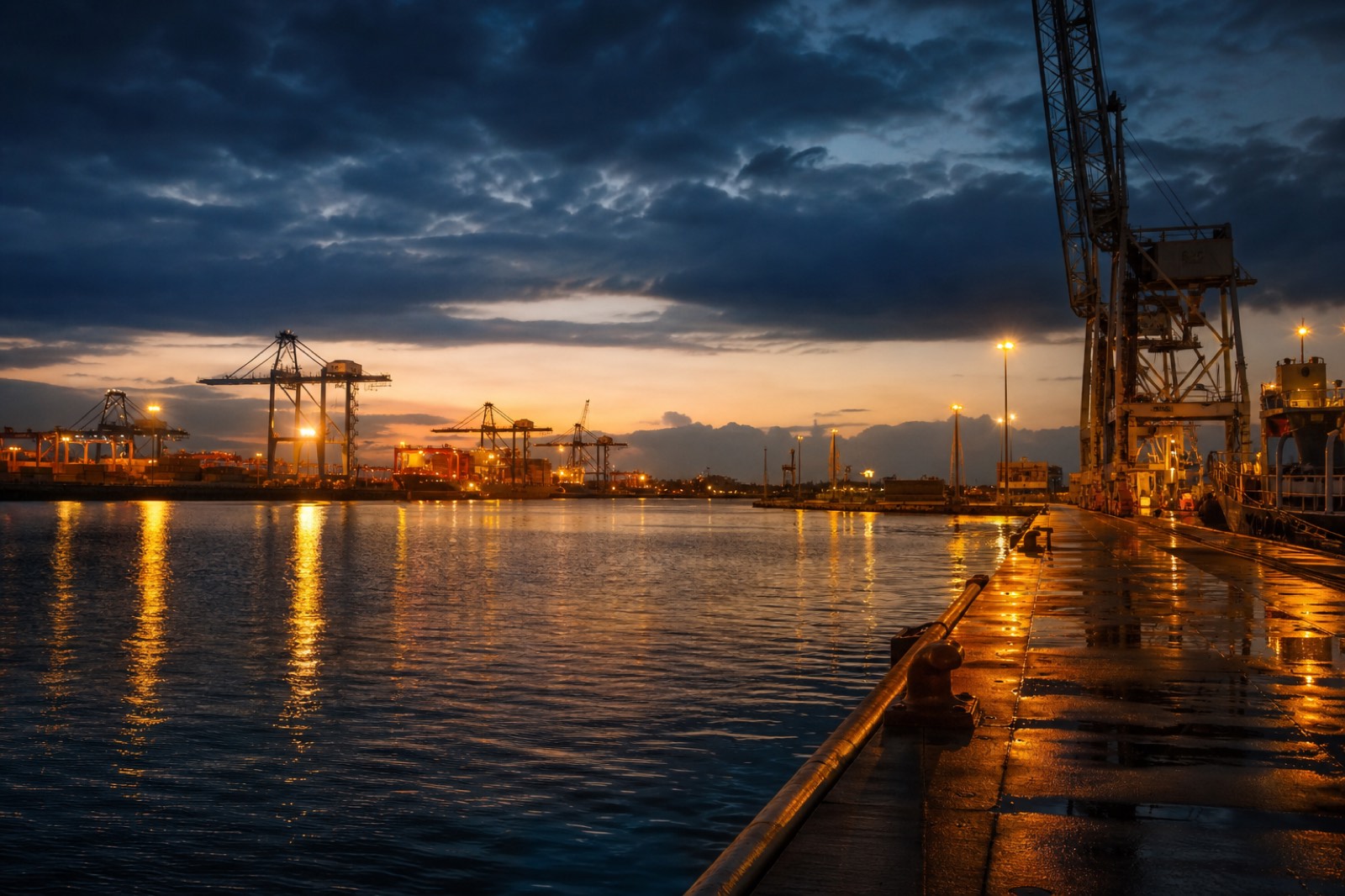UK commercial harbour at dusk