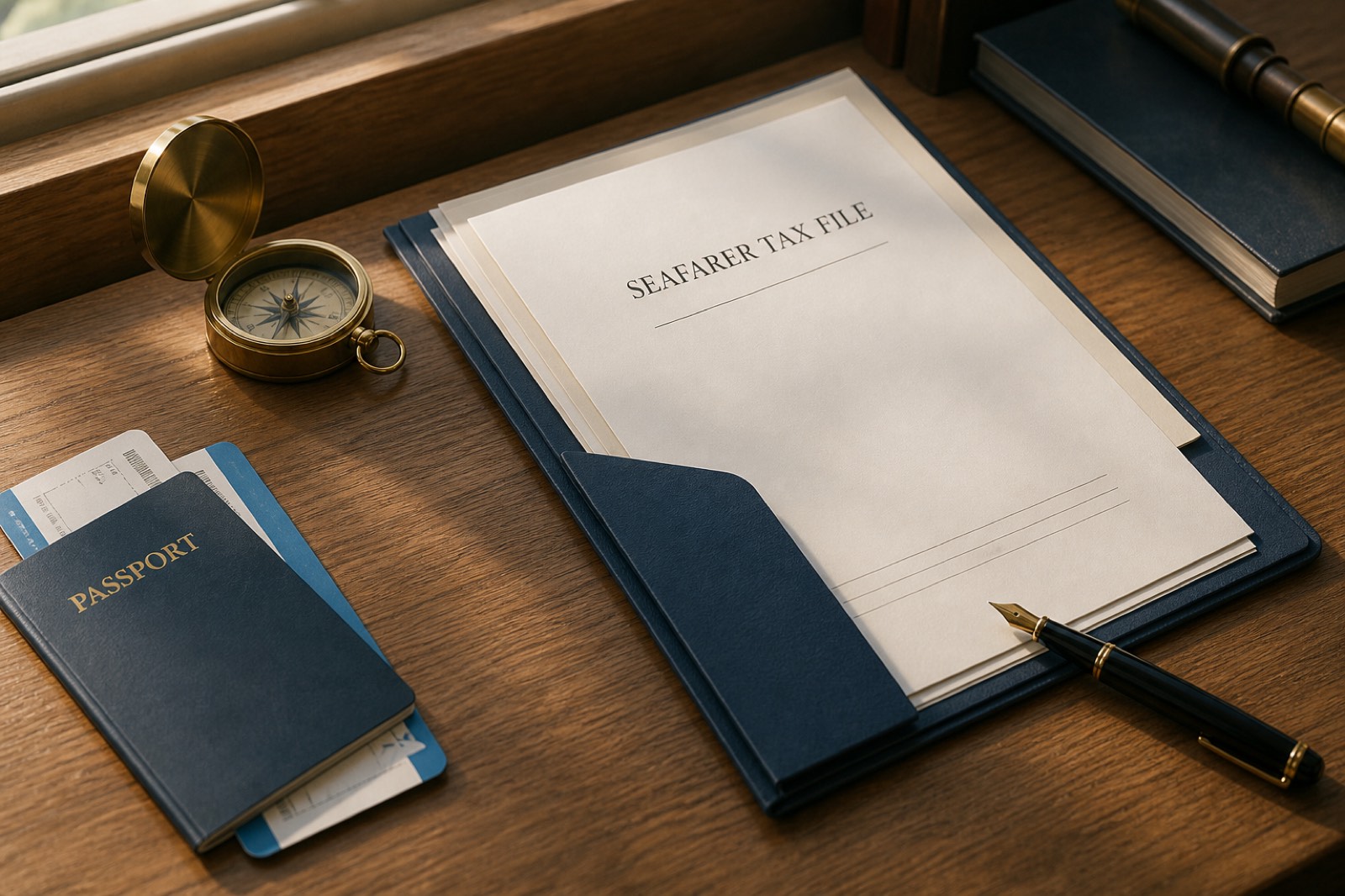 Organised seafarer tax file, passport and compass on a desk